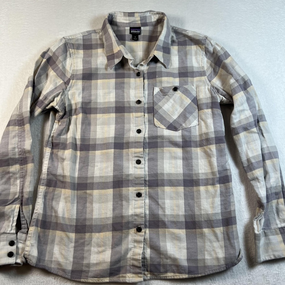 Patagonia Shirt Womens 6 Gray Plaid Organic Cotton Button Front Long Sleeve